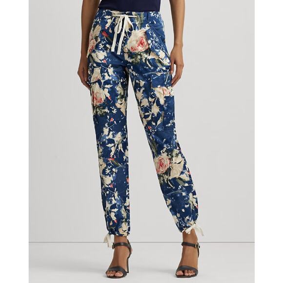 NWT Ralph Lauren Black Label Women size 12 Blue Floral Shantung Cargo Ankle Pant - Picture 1 of 16